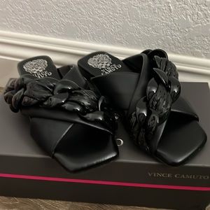 Vince Camuto Black Braided Chain Slide Sandals